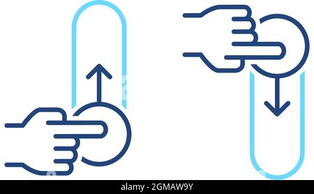 Symbole der blauen Linien der Handsteuerung sperren und entsperren. Wischgesten des Telefons nach oben, nach unten. Ein, aus Schiebesymbole ein/aus Stock Vektor