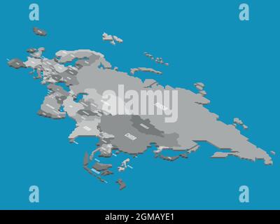 Isometrische politische Landkarte von Eurasien. Graues Land mit Ländernamen auf blauem Meer- und Ozeanhintergrund. 3D-Vektordarstellung Stock Vektor