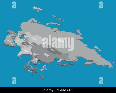 Isometrische politische Landkarte von Asien. Graues Land mit Ländernamen auf blauem Meer- und Ozeanhintergrund. 3D-Vektordarstellung Stock Vektor