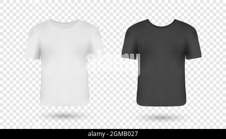 Realistische Mann T-Shirts Mockups mit Frontansicht. Schwarze, weiße T-Shirts mit kurzen Ärmeln. Legere Kleidung Vorlage Design mit voll bearbeitbar Stock Vektor