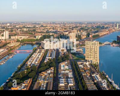 Luftaufnahme des Wohngebietes Sporenburg in Amsterdam Stockfoto