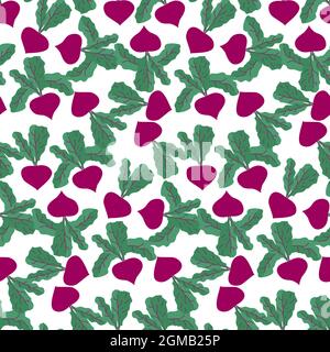 Vektor nahtloses Rote Beete Muster. Saftige helle Wurzel mit grünen Blättern. Landwirtschaftliche Produkte, veganes Essen, Ernährung unendlicher Hintergrund Stock Vektor