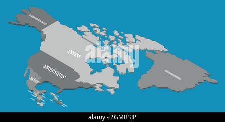 Isometrische politische Karte von Nordamerika. Buntes Land mit Ländernamen auf weißem Hintergrund. 3D-Vektordarstellung Stock Vektor