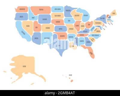 Vereinfachte Karte der USA, Vereinigte Staaten von Amerika. Abgerundete Zuständen mit glatter Umrandung. Einfache flache Vektorkarte mit Statusnamen Stock Vektor