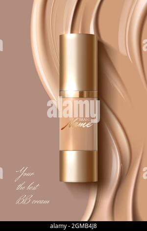 Werbeplakat für kosmetisches Produkt für Katalog, Zeitschrift. Design von kosmetischen Paket. Werbung für Foundation Cream, Concealer, Base, BB Cream. Stock Vektor