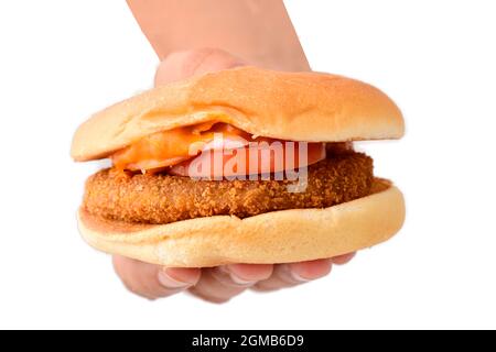 burger hält sich in der Hand isoliert auf weißem Hintergrund Stockfoto