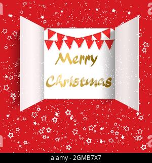 Adventskalender Türen öffnen mit Girlande von schönen Fahnen, fallenden Sternen isoliert auf rot. Winter Symbol ideal für Weihnachts-Plakate, Kopfzeilen, Meere Stock Vektor