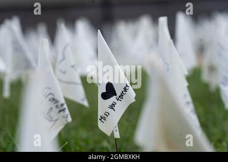 Washington, USA. September 2021. Weiße Flaggen sind am 17. September 2021 in der National Mall in Washington, DC, USA, zu sehen. Mehr als 660,000 weiße Flaggen wurden hier angebracht, um die an COVID-19 in den Vereinigten Staaten verlorenen Leben zu ehren. Quelle: Liu Jie/Xinhua/Alamy Live News Stockfoto