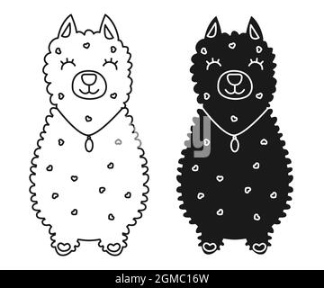 Alpaca Lama trägt eine Halskette, ein Medaillon um seinen Hals und lächelt. Linienkunst, Silhouette, Kontur, Kontur, Glyphe. Grußkarte, Banner oder Poster für Textil oder Print. Vektorgrafik Stock Vektor