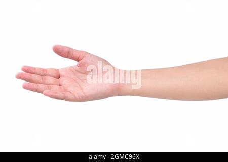 Helfende Hand isoliert auf weißem Hintergrund, schöne weibliche Hand isoliert Stockfoto