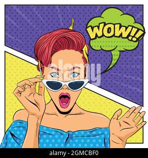 Pop-Art Retro-Frau mit Sonnenbrille auf einer Comic-Seite Stock Vektor