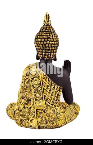 Statue von Buddha von hinten isoliert auf weißem Hintergrund mit Beschneidungspfad Stockfoto