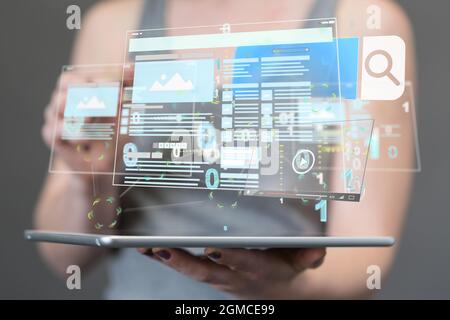 3D-Rendering einer digitalen Web-Entwicklungsschnittstelle über ein handliches mobiles Tablet Stockfoto