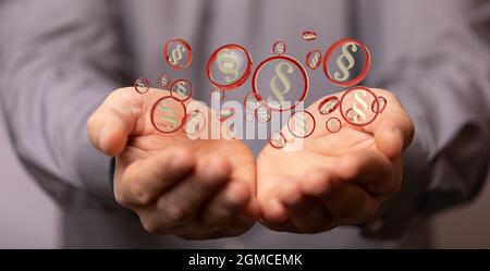 3D-Rendering von miteinander verbundenen Abschnitt Zeichen Symbol auf einer Handfläche eines Mannes - Cyber- oder Internet-Gesetz Konzept Stockfoto