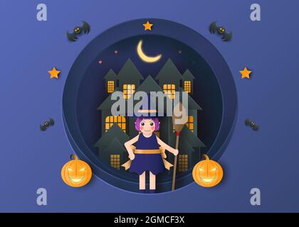 halloween Papier Schnitt Stil Thema mit Hexe Illustration editierbar eps cc Stock Vektor