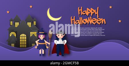 halloween Papier schneiden Banner Illustration mit dracula Vampir und Hexe editierbar eps cc Stock Vektor