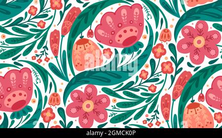 Nahtloses Blumenmuster mit volkstümlicher Dekoration auf weißem Hintergrund. Textur mit Blumen und Laub mit naiven Ornamenten. Vektor natürliche Tapete wi Stock Vektor