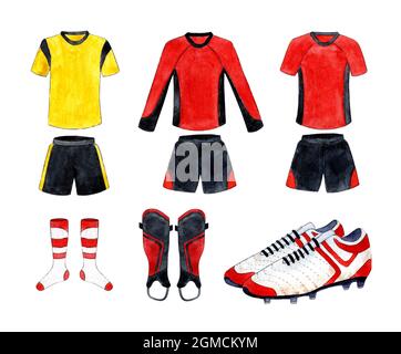 Satz Aquarell-Illustrationen von Fußballuniformen in rot und gelb mit schwarz. Ein Set aus Sport-T-Shirts und Shorts, Leggings und Stiefeln für das Training Stockfoto