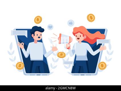 Frau schreit durch Megaphon, um einen Freund zu empfehlen. Konzept Des Referral Marketing-Programms. Stock Vektor