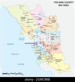 Verwaltungs- und Straßenkarte der kalifornischen Region San Francisco Bay Area Stock Vektor