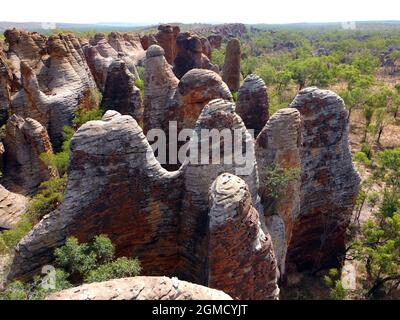 Luftaufnahme der Felsformationen, Western Lost City, Limmen National Park, Northern Territory, Australien Stockfoto