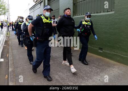 Melbourne, Australien, 18. September 2021. Während der Freiheitsdemonstration am 18. September 2021 in Melbourne, Australien, wird ein Demonstrator von der Polizei weggeführt. Freiheitsproteste sind Teil einer internationalen koordinierten Protestbewegung, die sich gegen COVID-19-Beschränkungen, Impfungen und Maßnahmen im Bereich der öffentlichen Gesundheit richtet. Kredit: Mikko Robles/Geschwindigkeit Medien/Alamy Live Nachrichten Stockfoto