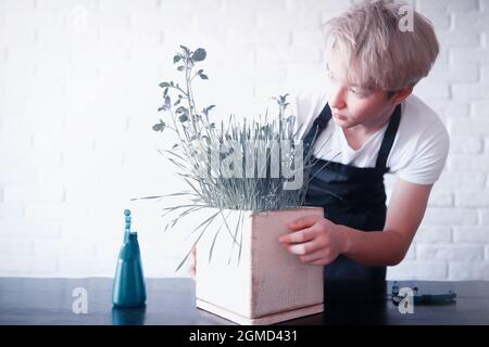 Eine junge asiatische Jugendliche kümmert sich um die Zimmerpflanzen Stockfoto