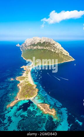 Blick von oben, Luftaufnahme, atemberaubender Panoramablick auf die Insel Tavolara, ein Kalksteinmassiv mit wunderschönen Stränden, die von einem türkisfarbenen Wasser umspült werden. Stockfoto