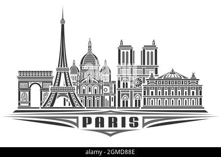 Vektor-Illustration von Paris, monochromes horizontales Poster mit linearem Design berühmte pariser Stadtlandschaft, urbanes Linienkunstkonzept mit einzigartigem dekorativem l Stock Vektor