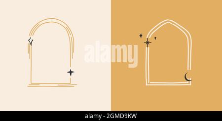 Handgezeichneter Vektor abstrakter Stock flache Grafik-Illustration mit minimalem Logo Element Collection-Set, okkulter Mystery-Bogen mit Mond- und Sternenlinie Stock Vektor