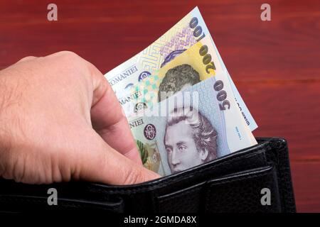 Rumänisches Geld - Leu in der schwarzen Brieftasche Stockfoto