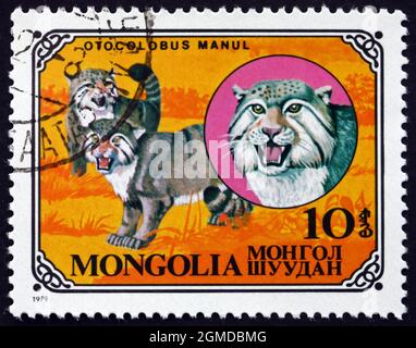 MONGOLEI - UM 1979: Eine in der Mongolei gedruckte Marke zeigt Manul, Otocolobus Manul, Wild Cat, um 1979 Stockfoto