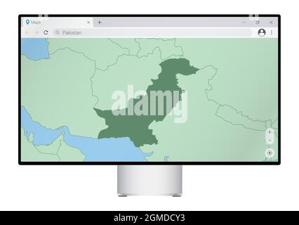 Computermonitor mit Karte von Pakistan im Browser, suchen Sie nach dem Land von Pakistan auf dem Web-Mapping-Programm. Vektorvorlage. Stock Vektor