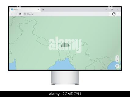 Computer-Monitor mit Karte von Bhutan im Browser, Suche nach dem Land Bhutan auf dem Web-Mapping-Programm. Vektorvorlage. Stock Vektor