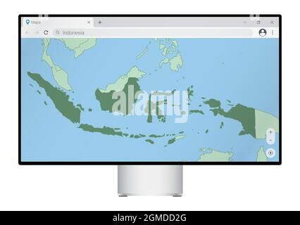Computer-Monitor mit Karte von Indonesien im Browser, suchen Sie nach dem Land Indonesien auf dem Web-Mapping-Programm. Vektorvorlage. Stock Vektor