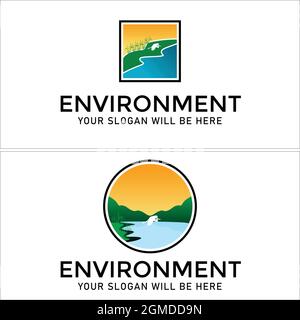 Umwelt Sumpfhügel und Reiher Icon Logo Design Stock Vektor