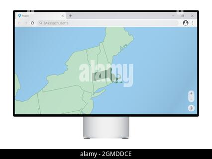 Computermonitor mit Karte von Massachusetts im Browser, suchen Sie nach dem Land von Massachusetts auf dem Web-Mapping-Programm. Vektorvorlage. Stock Vektor