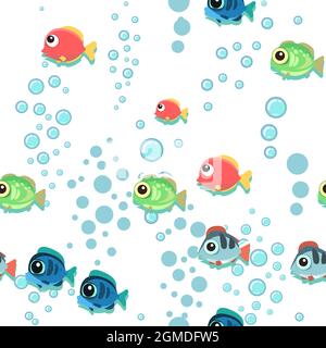 Lustige lustige Fische. Den Boden des Behälters. Meer. Blasen. Unterwasserlandschaft mit Pflanzen, Algen und Korallen. Nahtlos. Abbildung in Stock Vektor