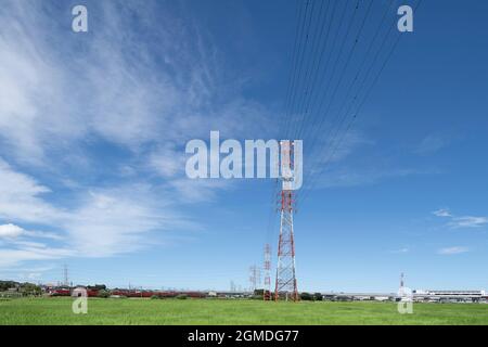 Elektrischer Turm im Reisfeld, Stadt Isehara, Präfektur Kanagawa, Japan Stockfoto