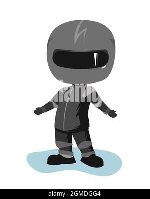 Motorradfahrer in einer schwarzen Jacke und Helm. Biker-Uniform. Weiß es nicht. Cartoon-Stil. Witziger Charakter. Flaches Design. Isoliert auf weißem Hintergrund Stock Vektor