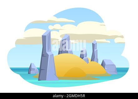 Insel im Meer. Cartoon-Stil. Blaues ruhiges Meer. Flache Abbildung. Felsen und Klippen. Isoliert auf weißem Hintergrund. Vektor. Stock Vektor