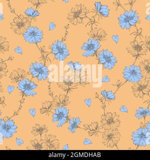 Zichorien-Nahtloses Blumenmuster. Blätter. Natürlicher Hintergrund. Wiesenblumen. Kräutermotiv. Botanische Abbildung. Stockfoto