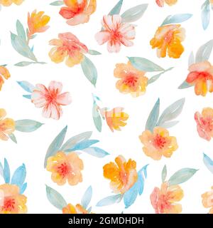 Nahtloses Blumenmuster. Zeichnung eines Musters aus grünen Blättern und Blumen auf weißem Hintergrund Stockfoto