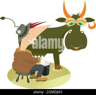 Cartoon-Bauer melkt eine Kuh. Lächelnder Arbeiter in der Milchfabrik, die Milch produziert, isoliert auf weißer Abbildung Stock Vektor