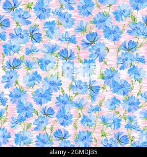 Zichorien-Nahtloses Blumenmuster. Blätter. Natürlicher Hintergrund. Wiesenblumen. Kräutermotiv. Botanische Abbildung. Stockfoto
