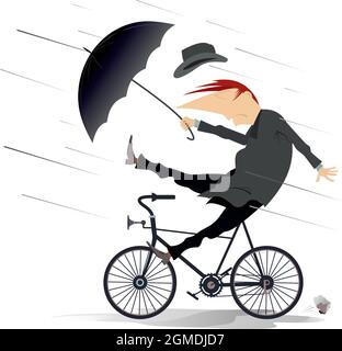 Regnerischer und windiger Tag und Mann fährt eine Fahrraddarstellung. Mann mit Regenschirm fährt Fahrrad verlor seinen Hut unter dem starken Wind und Regen isoliert auf weiß Stock Vektor