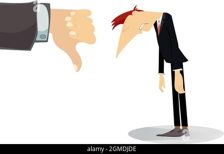 Geschäftsmann und eine Hand mit dem Daumen nach unten. Trauriger Geschäftsmann mit Kopf nach unten und Hand mit Daumen nach unten. Abneigungen und negatives Feedback-Konzept Stock Vektor