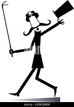 Langer Schnurrbart Mann in der Hut geht Golf spielen isoliert Illustration. Walking Cartoon langen Schnurrbart Gentleman in der Hut hält einen Golfschläger bla Stock Vektor