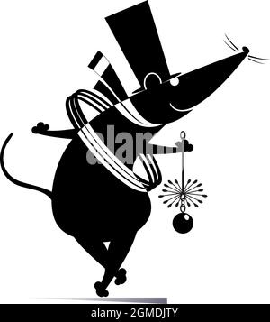 Cartoon Ratte oder Maus eine Schornsteinfeger Illustration. Lustige Ratte oder Maus ein Schornsteinfeger im Zylinder mit dem Seil und Schornsteinbürste schwarz auf whit Stock Vektor