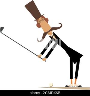 Abbildung: Langer Schnurrbart im Zylinder beim Golfspielen. Cartoon langen Schnurrbart Gentleman in der Hut hält einen Golfschläger und versucht, ein gutes k zu tun Stock Vektor
